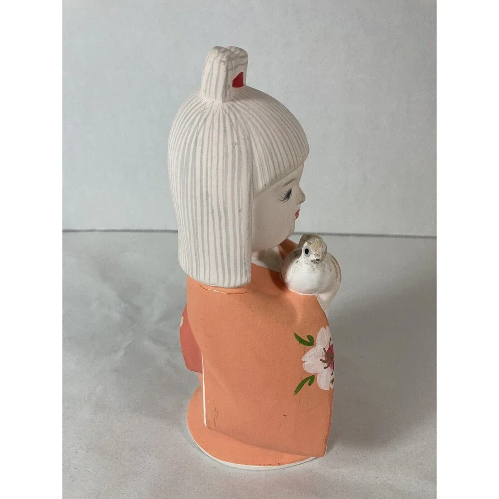 Vtg Japanese Doll Pottery Ornament Girl Hakata Showa Retro Holding Bird Japan